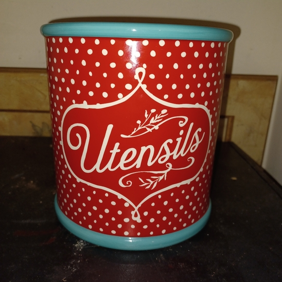 NWT Pioneer Woman red,white polka dot trim blue utensil holder 6.5"tall(091124A) - Picture 1 of 5